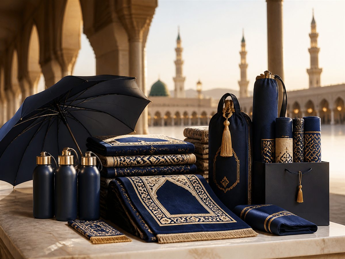 Prayer mats, umbrellas and water bottles for pilgrims