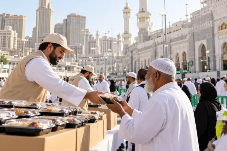 Hot meal boxes being handed out near Masjid Al-Haram