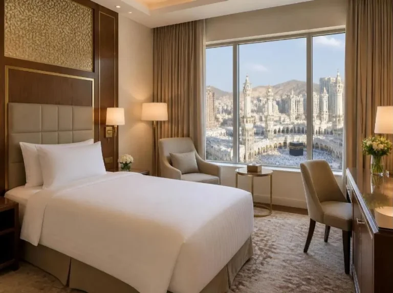 Hotel bedroom with city view