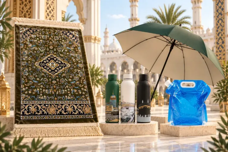 Prayer mats, umbrellas and water bottles for pilgrims
