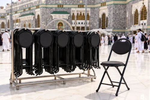 Folding prayer chairs ready for pilgrims at Masjid al-Haram, Makkah