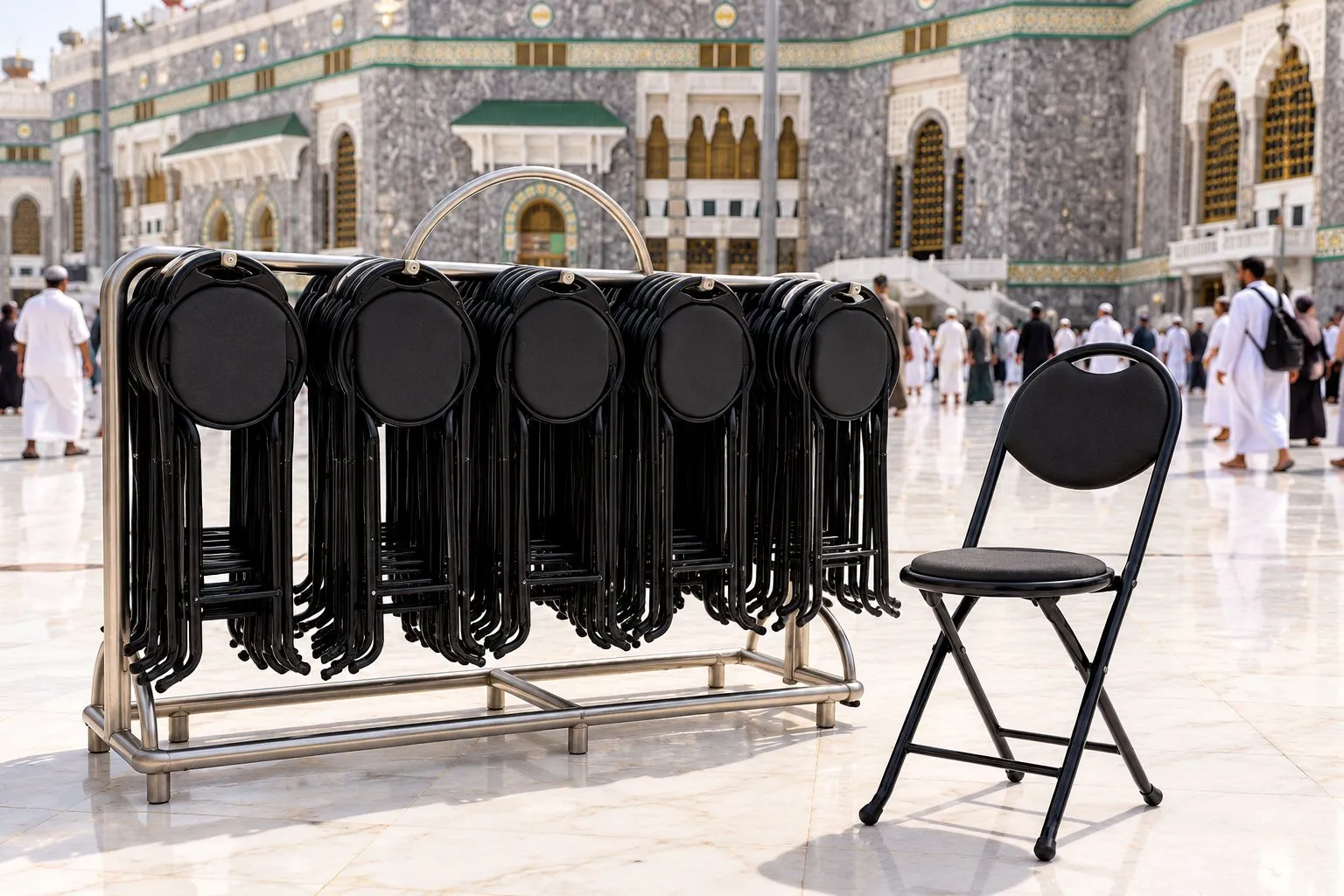 Hejaz Services branded folding prayer chairs at Masjid al-Haram