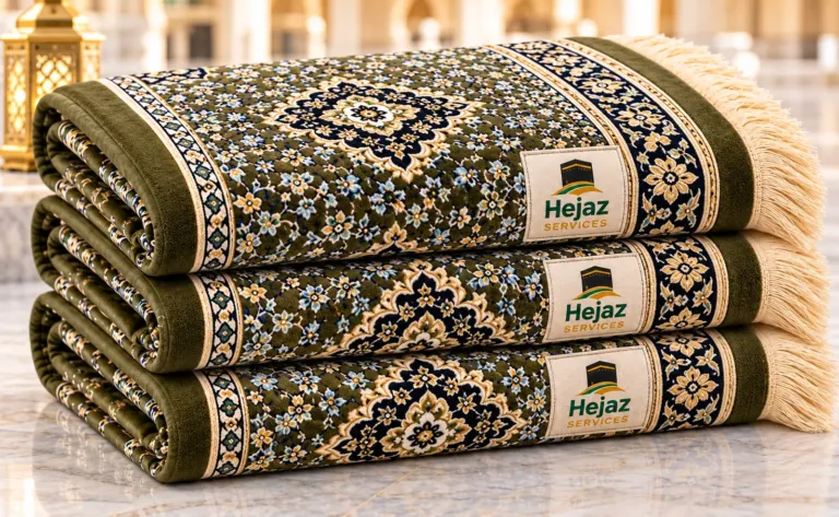 Hejaz Services prayer mats (musallas) with green floral pattern