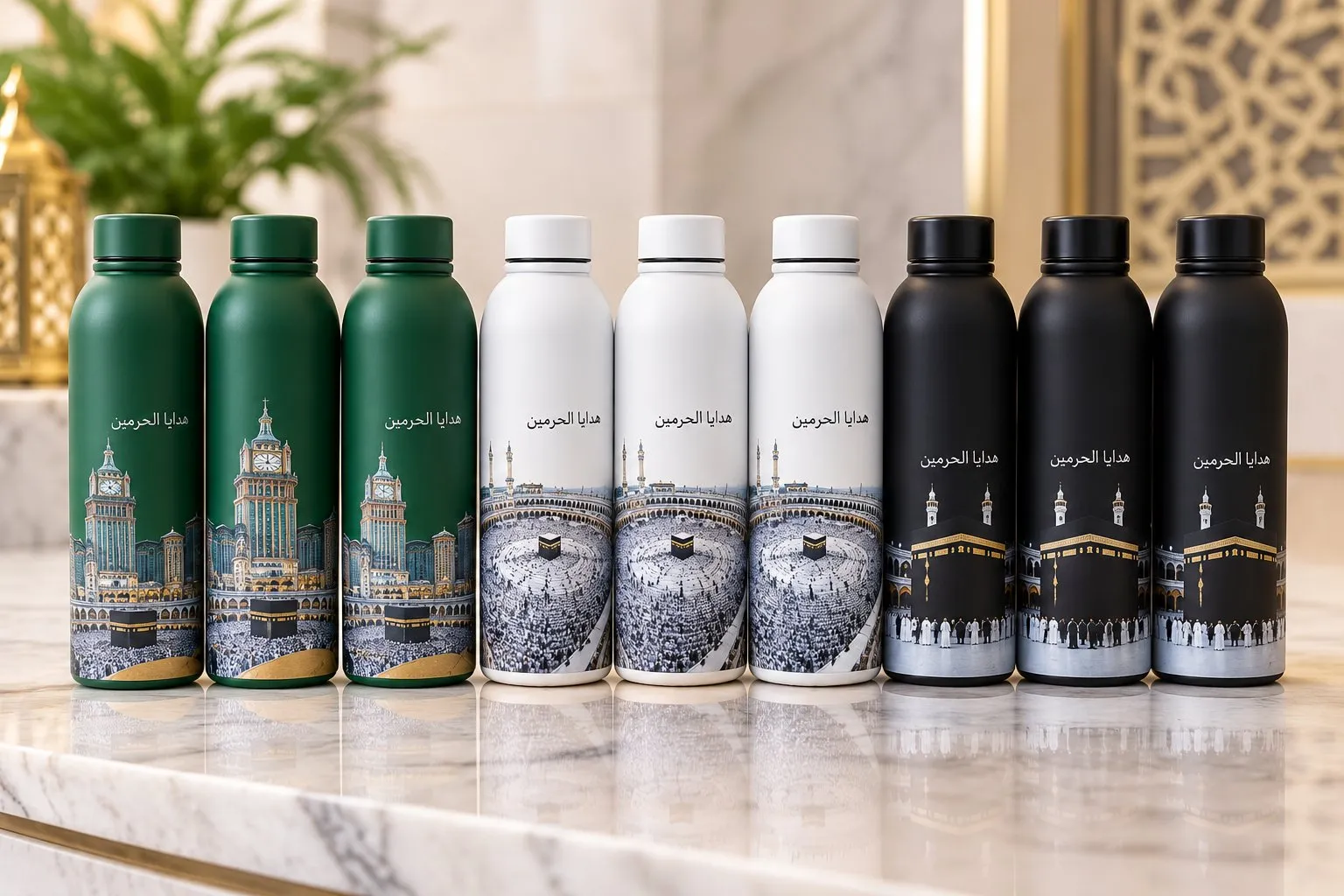 Hejaz Services reusable water bottles in green, white and black with Haramain designs