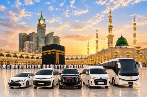 Hejaz Services vehicles: saloon, Staria, GMC, HiAce and coach