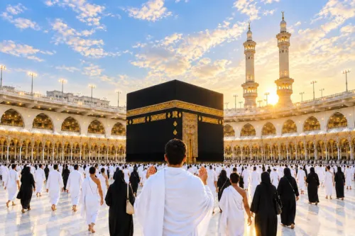 Pilgrim in ihram making dua before the Kaaba