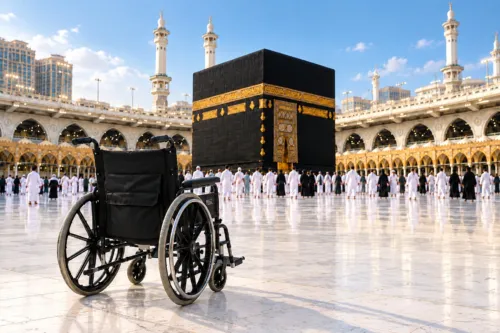 Wheelchair for pilgrims beside the Kaaba in Makkah